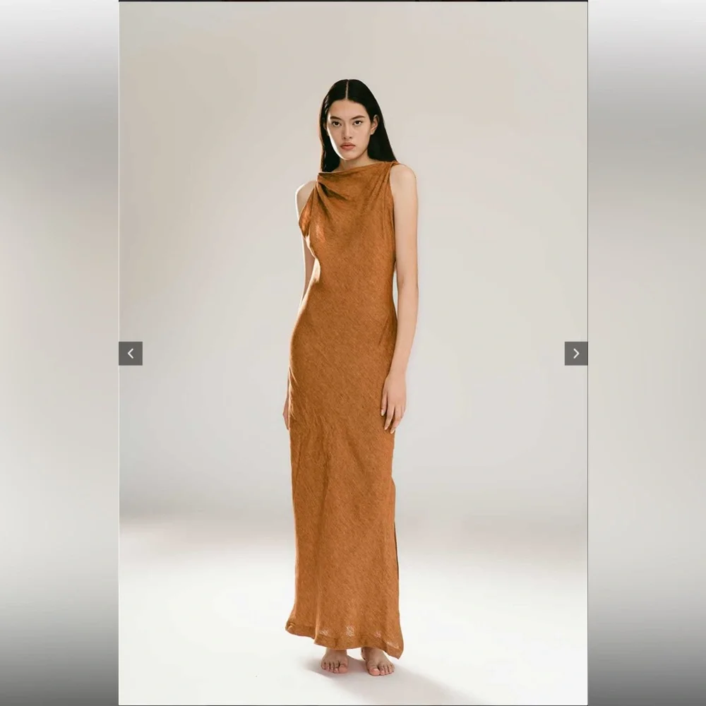 Zara Rust Brown Midi Dress Linen Size X-Small - Picture 2 of 3